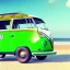 Placeholder: old Volkswagen partyvan, green color van, funny colored, partyvan on the beach, sunny beach, sunny weather, beach party, party people, party, realistic, ultra high quality, unreal engine, cinematic, surfing, palms, palm beach, beach, sandy, professional photography, ultra resolution