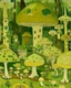 Placeholder: A lime green kingdom with mushrooms designed in German folk art painted by the Lyonel Charles Feininger