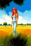 Placeholder: full body and headshot of a skinny young woman, with long straight red hair, standing in an open field, surrounded by trees, Frank Franzetta