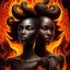 Placeholder: 3D. Detailed Painting .realistic. Dark skin women. Beautiful. the faces of two young black women. Warm. Fire nymphs emerging from the flames.red.. Energy. Focus. THeir hair looks like smoke .smoke curling. Dreadlocs. Their skin is the colour of charcoal . Their hair moves like smoke. . their clothing is made of flames, red. Orange. Yellow. White and gold