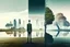 Placeholder: man standing in a split picture, open countryside, with trees on one side and a pristine futuristic city on the other side