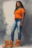 Placeholder: Create a watercolor image of a curvy black female wearing tight cut up jeans and a off the shoulder orange tshirt with timberland boots. Prominent make up with hazel eyes. Highly detail dread locs