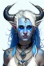 Placeholder: A young tiefling woman with a set of ram horns on her head encrusted with jewels, White-Blonde, medium length hair, black eyes, dressed in white and blue with lots of jewelry, beautiful, satanic tattoos on her neck, she is happy