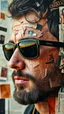 Placeholder: A face in details . The texture of the face is a collage of many peace’s of cur old pictures and newspapers parts sticks on the whole man face with black sunglasses in a collage style