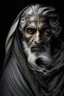 Placeholder: a photo of an Arabian man with ethnic jewelry, grey hair and grey flowing robe, in style of Annie Leibovitz, contemporary portrait of a mature yet beautiful and modernist man, black and grey, detailed masculine face, swirling fluid smokey enigma, award-winning artwork