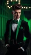 Placeholder: Handsome male model aged 20 hair cut short at the sides and longer on top wearing a tuxedo with a green cumberband and bow tie. Hyperrealistic 4k dark fantasy