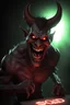 Placeholder: A realistic ghoulish laughing devil with glowing eyes and horns, leaning forward at an angle as if over someone's shoulder, facing right, holding a large sign that says "SOLD" in clear letters. No humans, no extra subjects, cinematic horror lighting.