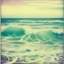 Placeholder: Realistuc Sea, soft waves, pale polaroid with damaged border, 1968, realistc, old