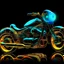 Placeholder: A mesmerizing and ethereal hologram transparent glass fantasy minion on motorcycle The translucent fire within the fractal glows with a captivating luminosity, its intricate patterns performing a mesmerizing dance of recursion. The radiant glow casts an otherworldly aura upon the sleek black neon surface, creating an enchanting and surreal visual spectacle.