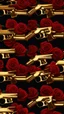 Placeholder: two golden guns above a grave in a field full of red roses.cinematic