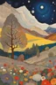 Placeholder: Many colors, peaceful, Egon Schiele, Max Ernst, night sky filled with galaxies and stars, rock formations, trees, flowers, one-line drawing, sharp focus, 8k, deep 3d field, intricate, ornate, one million strokes