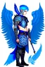 Placeholder: a person in runic armor with blue wings, blue short hair, runic tattoo and spell book