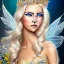 Placeholder: fantasy fairy with transparent wings, smiling, make up, long platinum blond hair with crown and flowers, blue eyes, gold dress