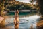 Placeholder: beautiful girl in pretty dress walking in water toward camera in trees next to wavy river with clear water and nice sands in floor.camera capture from her full body front