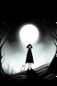 Placeholder: scene, black and white, forest fog, superbig full moon, moon is a center of image, tim burton character, creature with cape and hood, figure stand up on spiral rock, face evil angry , super big eyes, circles eyes, super hero