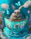 Placeholder: An extremley cute fluffy bunny entrapped in an ornamented tea cup, fantasy, soft turquoise, flowers, butterflies, inpaint nice fantasy background