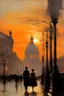 Placeholder: Sunset, city, cyberpunk influence, alfred stevens impressionism painting