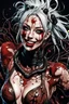 Placeholder: Tank girl, lying pose, his skin turned translucent revealing a network of black veins that extended like roots beneath her epidermis,smiling meanwhile many worms streaming from his mouth, latex suit, highly detailed, fullbody, splashes blood, behind guts rising from the ground, macro photography by <Junji Ito>, darkred tones,