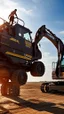 Placeholder: close up photography of a 50-year-old Italian man , burly chubby sweat, maneuvers a large excavator in the sun, shirtless and white boxer, big legs, big belly, goatee, ambient occlusion, frontal view, 4k,