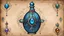 Placeholder: a ((detailed_blueprint_schematic_of_antique_((jeweled))_victorian_genie_bottle_with_gemstones_drawn_on_jeweled_weathered_parchment_bold_lines_loose_lines)), victorian fantasy schematic background, overhead view, deep rich colors, (shiny glass jewels), ultra quality, ultra-detailed, 16k resolution, trending on Artstation, gorgeous and elegant, unique