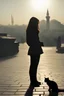 Placeholder: Photo of a brunette woman in silhouette against the light, crouching and caressing a small cat sitting in front of her in Istanbul