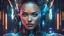 Placeholder: A strikingly stunning woman in the Cyberpunk era, her features rendered in high-resolution detail that can be seen in 4K quality. This portrait captures her cybernetic enhancements with intricate metallic filigree seamlessly integrated into her skin, glowing neon circuitry tracing delicate patterns along her face and arms. The digital painting is vibrant and futuristic, emphasizing the contrast between her fragile human form and advanced technological enhancements. The attention to detail and co