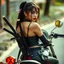 Placeholder: My beautiful asian model cyberpunk motorcycle riding wife with katanas strapped to her back