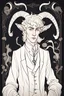 Placeholder: young satyr male albino alchemist with goat horns in the style of Aubrey Beardsley