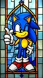 Placeholder: stained glass window featuring a glass mosaic Sonic the Hedgehog giving a thumbs up, hyperreal stained glass window