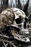 Placeholder: Crânio humano em Caveira um pouco virado para esquerda com galhos secos com poucas folhas