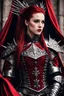 Placeholder: Gorgeous photograph Silver and red fantasy Beautiful Queen Vampire armour, with a red cape, with black and red spikes coming out the back and arms, glowing red eyes, long red hair pony tail coming out,at castle