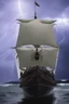 Placeholder: Ship front view with a Spider figurehead at night in a storm with giant waves