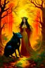 Placeholder: In the heart of a dense and enigmatic forest with towering ancient trees cloaked in yellow and amber foliage stood a bewitching sorceress possessing an ethereal allure her lustrous hair cascading in ebony waves down to her slender waist that turns into roots In the background a faithful companion a majestic canine of Belgian shepherd lineage roamed at her side its eyes illuminated by an otherworldly crimson glow exuding an aura both mysterious and demonic