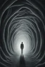 Placeholder: A surreal scene a tunnel-like structure filled with intertwined gray hands , The tunnel is lined with countless writhing aliens bodies, creating a chaotic and nightmarish atmosphere. At the end of the tunnel, a solitary figure walks towards a distant light source, casting a glow that illuminates the scene. The overall color palette is muted with shades enhancing the ominous and unsettling mood. The level of detai
