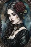 Placeholder: hyper photorealistic watercolor art style of a steampunk gothic style young woman with pale skin, big dark eyes, tiny nose, tiny mouth and messy dark hair , deep, dark colors, holding a black rose. She is gothic dressed, her expression is melancholic, surreal with mysterious elements. smooth blending, extremely detailed, realistic textures, cinematic, dramatic lighting