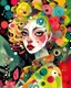 Placeholder: creative artistic modernist vibe, messy painterly, stylized illustration of a pale young woman with distinctive features, wearing a bold polka-dot outfit. She has extremely expressive eyes, sharp face, small nose and is adorned with oversized flowers in her hair. A delicate bird with intricate patterns is perched in her shoulder. bright accents color scheme with textured backgrounds. Overall style is painterly creative artistic modernist with a touch of whimsy vibe.
