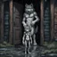 Placeholder: fantasy digital art of crying young female anthro wolf in gray hairy wolf body and wears just a short canvas rag around her waist , sadly crying face stands in the rain front the door, behind her an tall anthro dark hairy wolf man standing behind in rustic halb open door in an massive wooden house, deep colors, rainy day, detailed, anthropomorphic creatures, fantasy, sci-fi mood