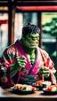 Placeholder: a hulk eating sushi with chopsticks, wearing a colorful kimono, moody good lighting, best quality, xt3, outdoor, beautiful light, raw photo, 8K UHD