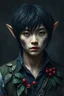 Placeholder: Create a chilling and unsettling close-up photograph of a 20-year-old elf with Asian features and black hair. He is dressed in a vest made of leaves, branches, and berries. His face is transforming into that of a wolf. The image should be executed with coarse brushstrokes against a dark, gloomy background, enhancing the atmosphere of horror and anxiety. Pay special attention to the makeup smudges around the eyes, on the nose, and around the mouth, which add an extra layer of unease to the scene.