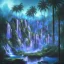 Placeholder: turquoise neon waterfall with palm trees sparkling at night in a cave detailed realistic glowing