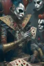 Placeholder: A harlequin character, playing cards with other people , sf, intricate artwork masterpiece, ominous, matte painting movie poster, golden ratio, trending on cgsociety, intricate, epic, trending on artstation, by artgerm, h. r. giger and beksinski, highly detailed, vibrant, production cinematic character render, ultra high quality model