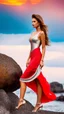 Placeholder: very nice real face beautiful sexy roman with make up at the beach leaning to a big rock,in a short lace red and silver dress, full body, 3D cloudy sky volumetric nice clouds 8k sharp focus,sunset,golden hour,medium shot