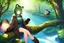 Placeholder: Girl, green hair, raccoon tail, raccoon paws in hand, raccoon paws in foot, forest, river, sit on tree, coat on neck, with tongue out,