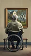 Placeholder: Bosch painting style a rear view of a handicapped man sitting on a bench facing a a surrealism picture on the wall , show from the back of the picture