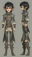 Placeholder: turnaround character of a boy elf, he has curly, black hair and sharp cheekbones. His eyes are black. pale skin. He wears fantasy medieval clothes. full body with boots