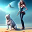 Placeholder: tablet on the beach, girl with dog, fantasy art, computer graphics,realistic