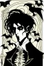 Placeholder: goth male necromancer with black hair and bats in the style of Aubrey Beardsley