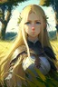 Placeholder: Anime, blonde girl in medieval clothing in large field in the middle of the forest, HD, extreme detail in the face