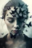 Placeholder: Double exposure image, facing the camera close up a closed eyes fade face woman portrait with half face made many black butterfly,, many black butterflies explosed in front of forehead and flying around and swirl on air, high mountains silouttes, pale monn, deep fade colors, soft lines, surreal, nightmare, melting painted, dramatic shadows, dark mood , fog, dark fantasy, dreamlike atmosphere.