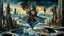 Placeholder: a stunningly weird image of a futuristic metropolis using Salvador Dali's paranoiac-critical method, where buildings and structures appear to melt into the skyline cityscape is filled with floating mad, twisted sharp metal shapes that interact with the buildings and each other, forming a surreal tableau of a dreamlike reality. neu-steampunk vibe, essence of the scene in a cinematic manner, with dramatic shadows that enhance the distorted perspectives and bizarre